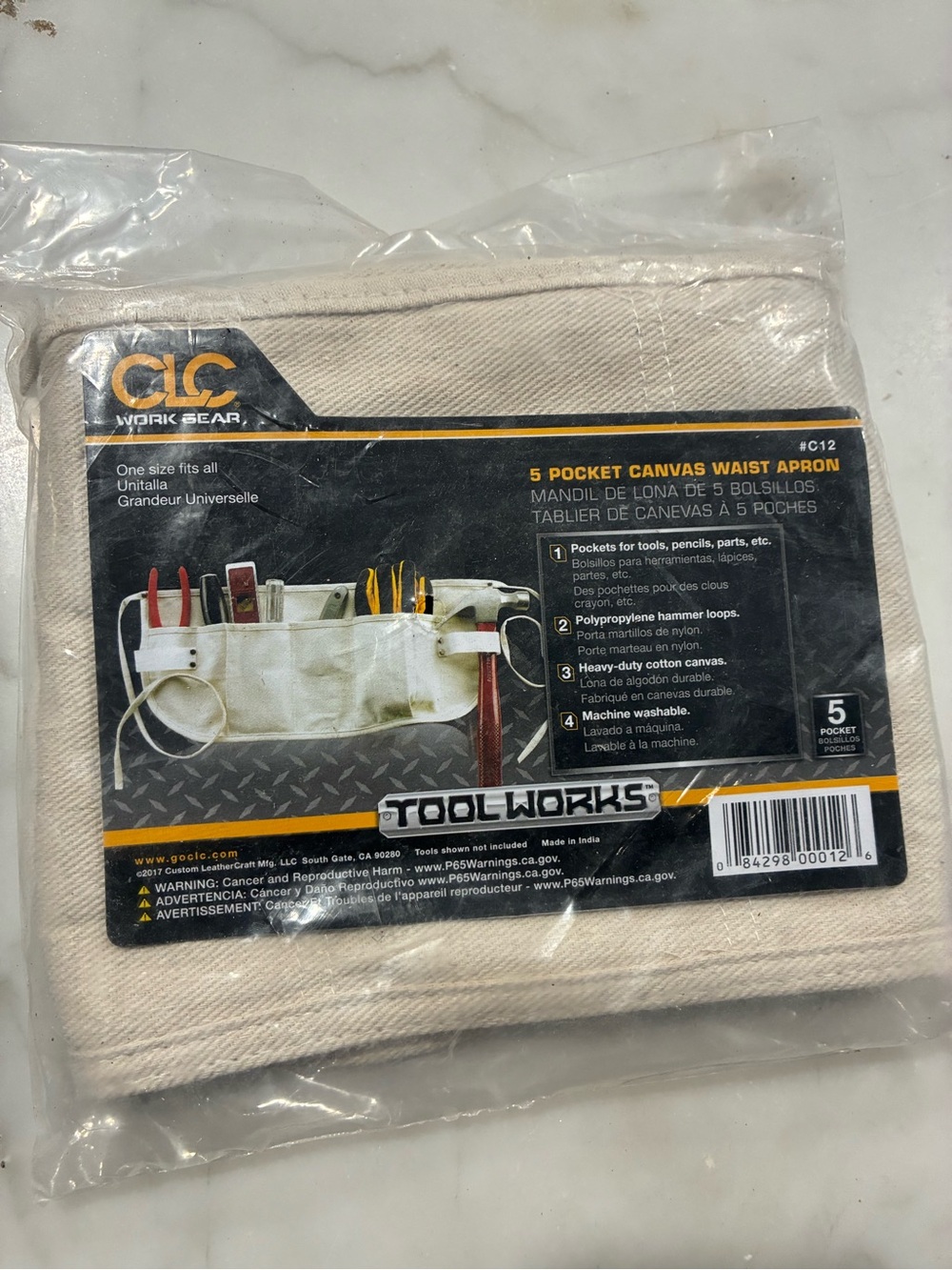 CLC Work Gear C12 5 Pocket Canvas Waist Tool Apron Beige One Size Washable